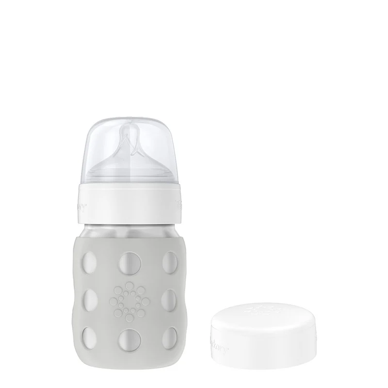 8oz Stainless Steel Baby Bottle with Stage 2 Nipple & Flat Caps Stone Gray Bundle