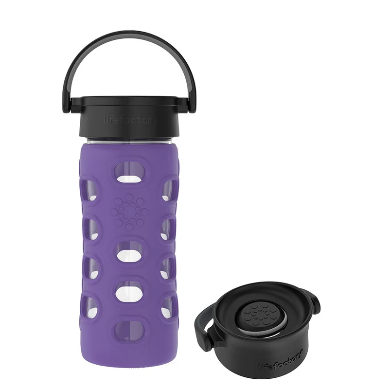 12oz Glass Water Bottle with Classic & Press-N-Go Caps Iris Purple Bundle
