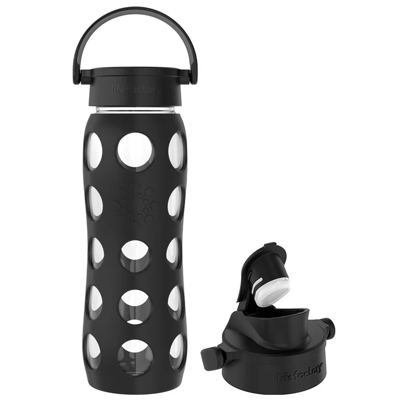 22oz Glass Water Bottle with Classic & Active Caps Onyx Black Bundle
