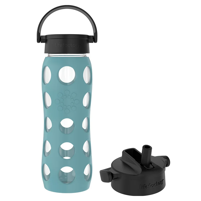 22oz Glass Water Bottle with Classic and Pivot Caps Aqua Bundle