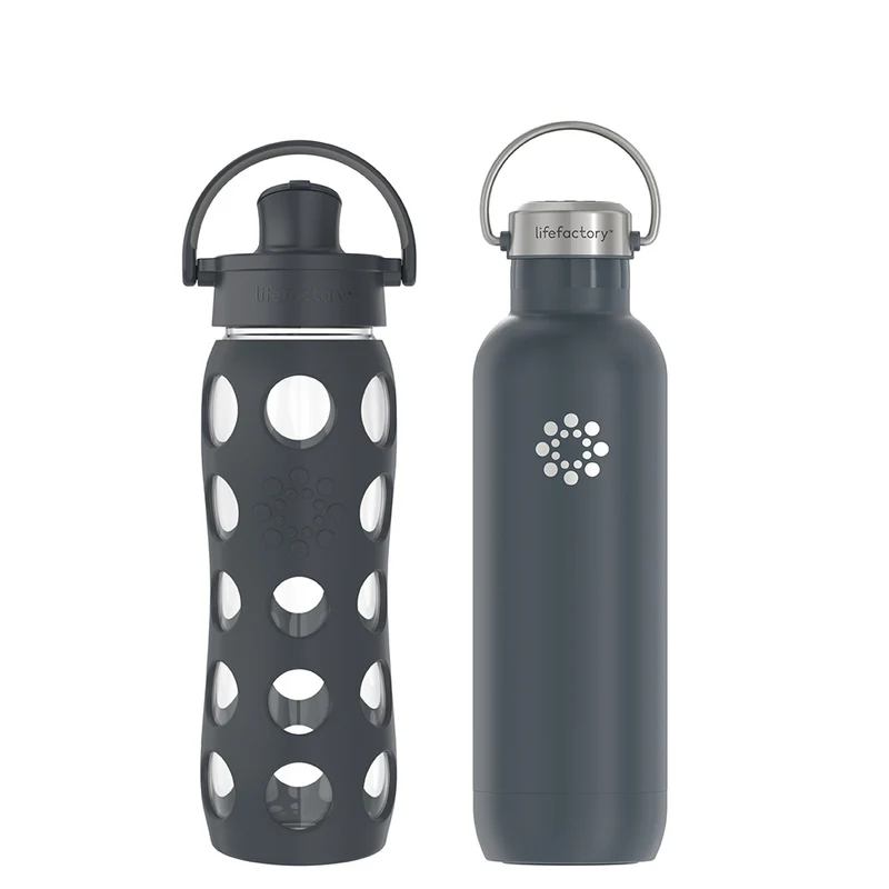 22oz Glass & 24oz Stainless Steel Water Bottle Carbon Black Bundle