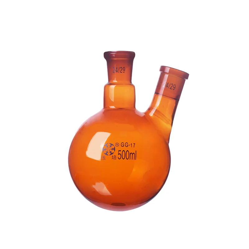 Pallone a fondo tondo a doppio collo, colli laterali smussati, vetro marrone, da 100 ml a 1000 ml