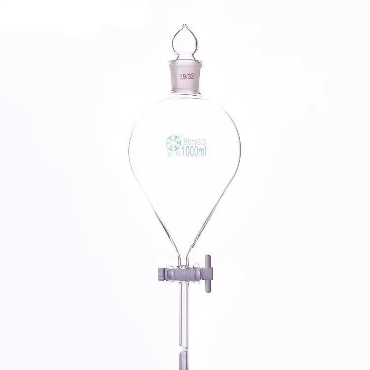 Imbuto separatore con rubinetto in PTFE e tappo in vetro, capacità da 60 ml a 1.000 ml.