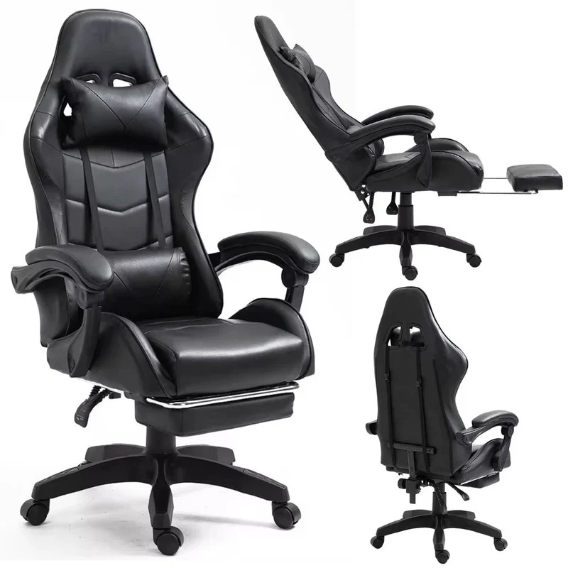Sedia da gaming snella, sedia da ufficio girevole bianca e nera con poggiapiedi