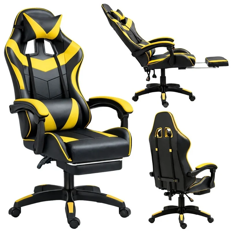 Sedia da gaming snella nera e giallo, sedia da ufficio girevole con poggiapiedi