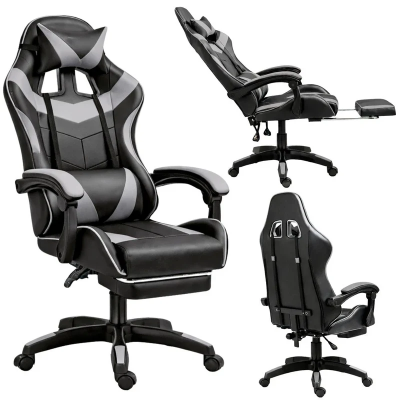 Sedia da gaming snella nera e grigia, sedia da ufficio girevole con poggiapiedi