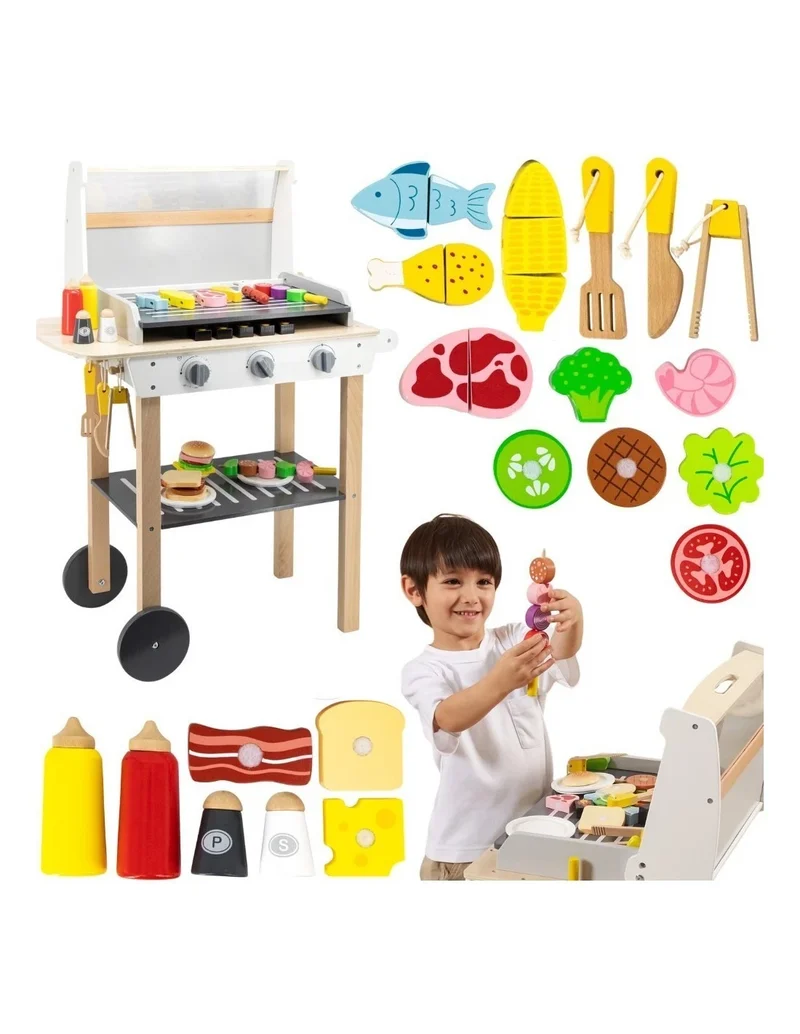 barbecue giocattolo in legno set bbq gioco con cibo e accessori per bambini