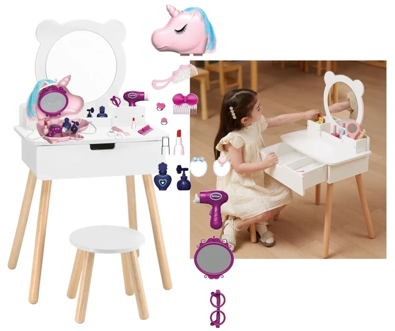specchiera giocattolo specchio tavolo da trucco e accessori unicorno per bambine in legno