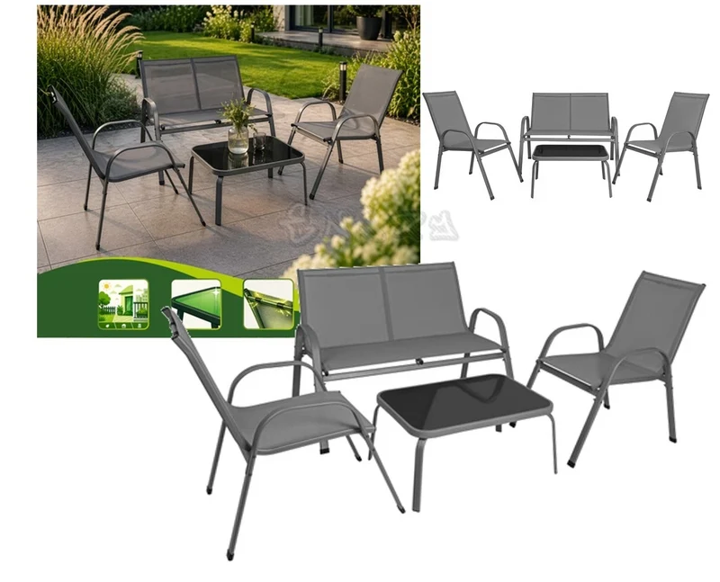 SET mobili DA GIARDINO TERRAZZO 4 POSTI sedie tavolo panca divano in acciaio