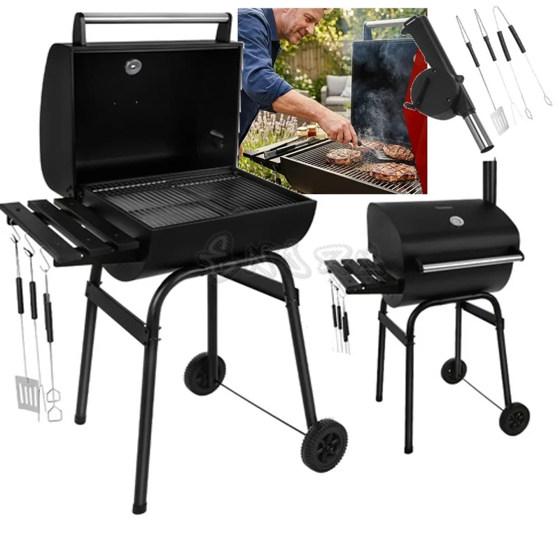 Grande barbecue a carbonella da giardino con coperchio, ripiano, accessori