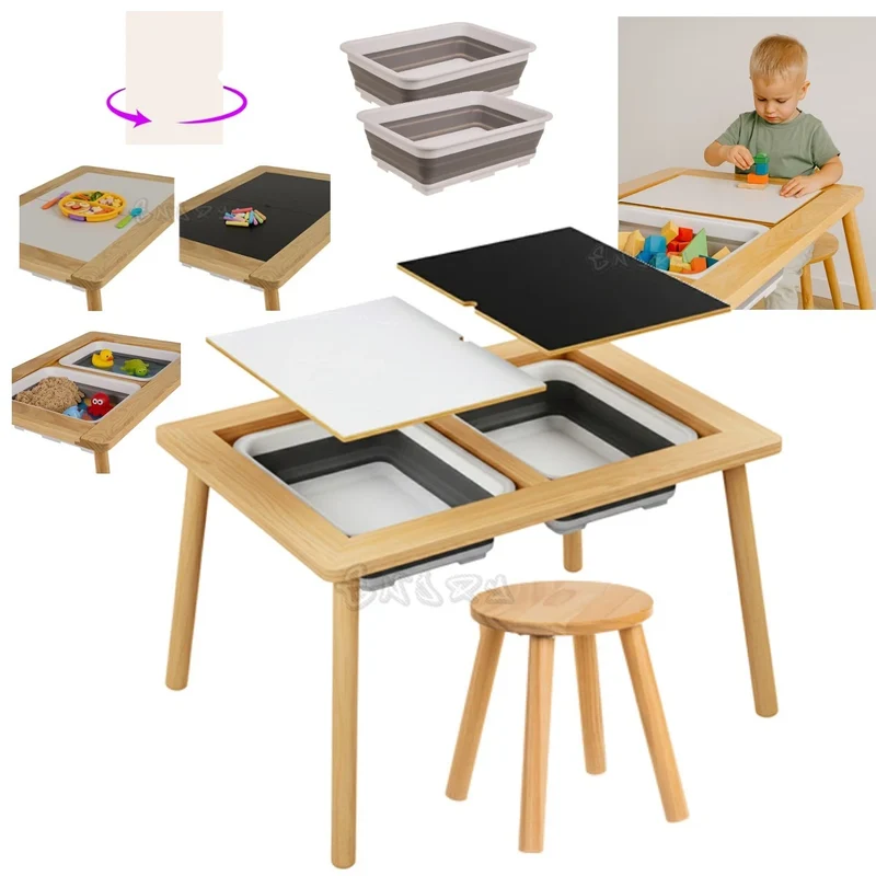 Tavolo per bambini in legno+ 1 sedia tavolino gioco studio lavagna contenitori