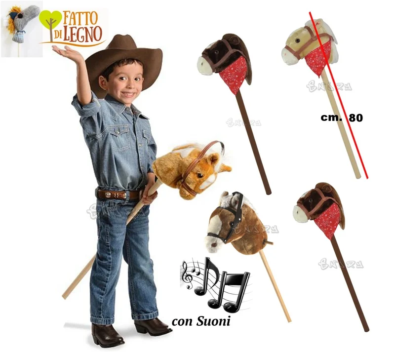 BASTONE CAVALLO A DONDOLO IN LEGNO E PELUCHE CON SUONI altezza 80 cm