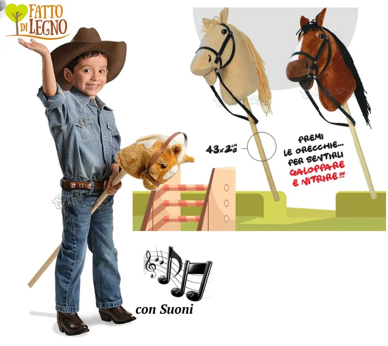 ASTA BASTONE CAVALLO A DONDOLO IN LEGNO E PELUCHE CON SUONI altezza 80 cm