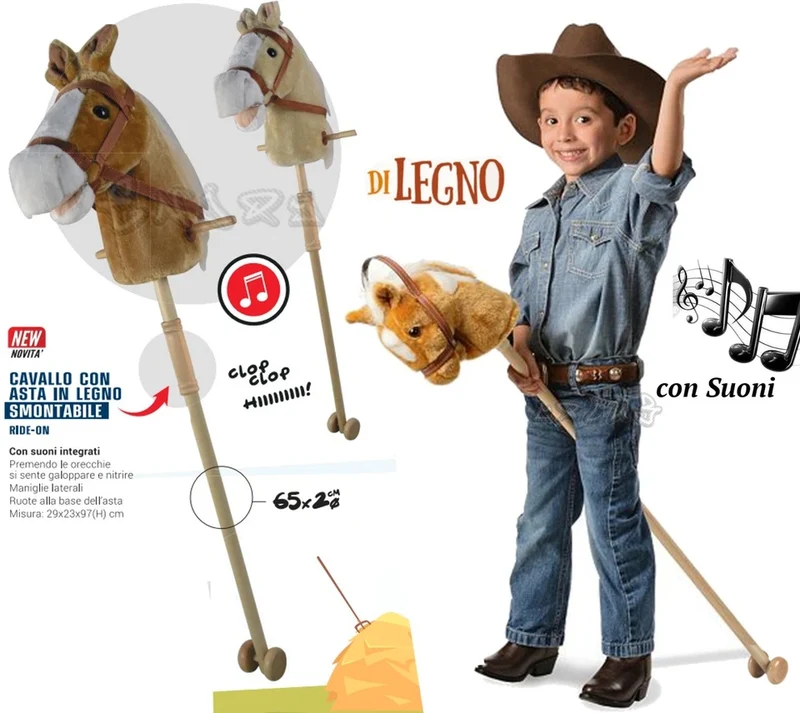 BASTONE CAVALLO A DONDOLO IN LEGNO E PELUCHE CON SUONI altezza 97 cm con ruote