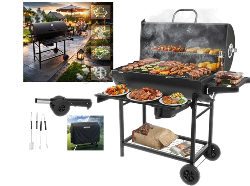 Barbecue a carbone da giardino con copertura, termometro, 2 griglie e tanti accessori