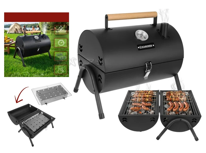 Barbecue a carbone-carbonella con coperchio, 2 griglie, termometro, camino portatile, XXL