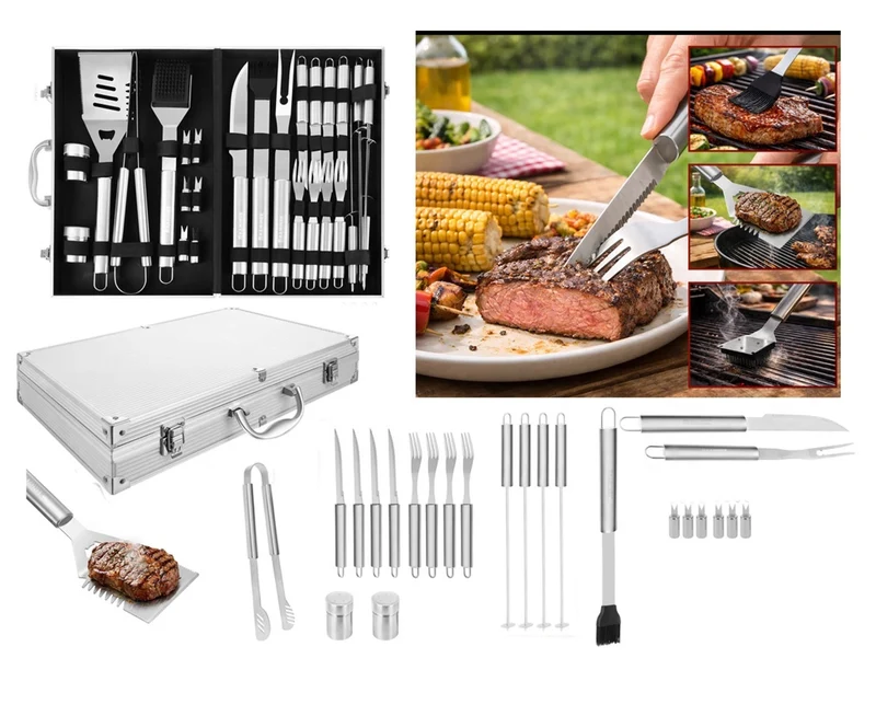 Set per barbecue, accessori, utensili per grigliare, posate per grigliare, con Valigetta