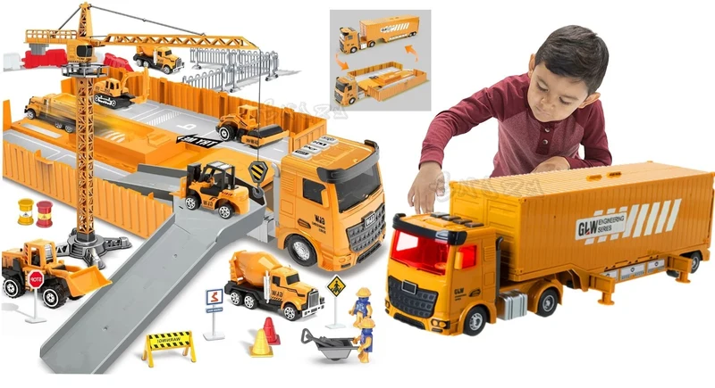Set veicoli da costruzione con gru e tanti accessori