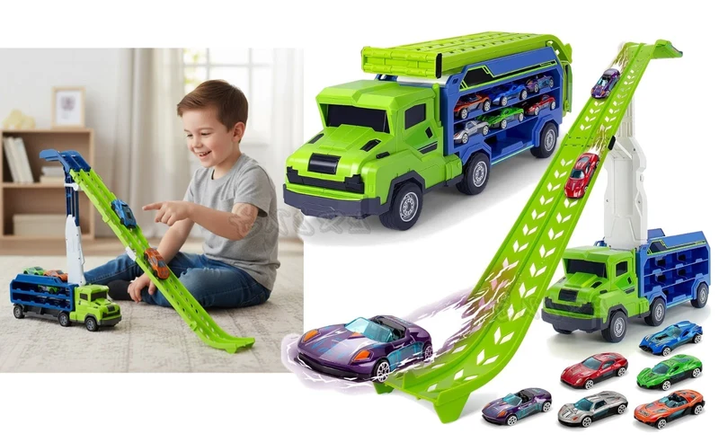 Camion con scivolo per bambini, pista per auto garage per macchinine giocattolo!