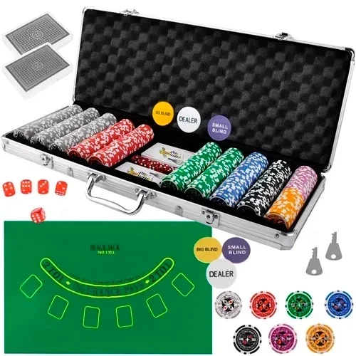 Chips Poker Set da Poker di 500 fiches, Inclusi 2 Mazzi di Carte da Poker 5 Dadi