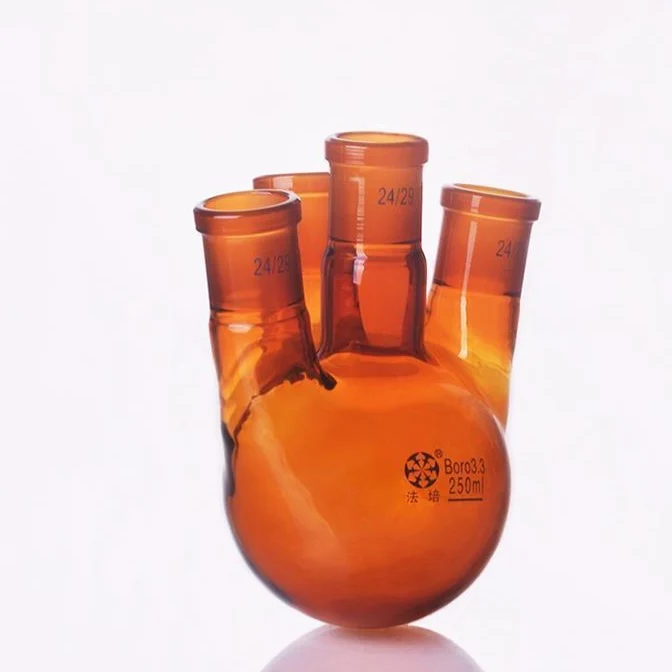 Pallone a quattro colli a fondo tondo, colli laterali smussati, vetro marrone, da 100 ml a 500 ml