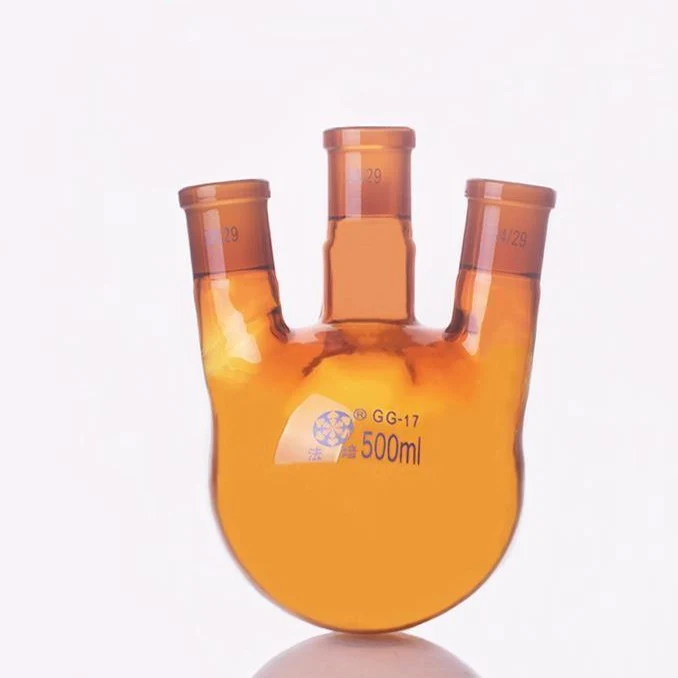 Pallone a tre colli a fondo tondo, colli laterali smussati, vetro marrone, da 100 ml a 500 ml