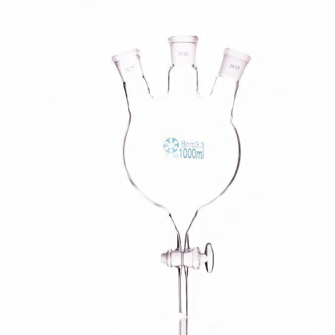 Pallone a tre colli a fondo tondo con uscita dal fondo e rubinetto in vetro, capacità da 250 a 5.000 ml