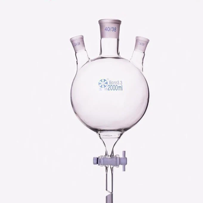Pallone a tre colli a fondo tondo con uscita dal fondo e rubinetto in PTFE, capacità da 250 a 5.000 ml