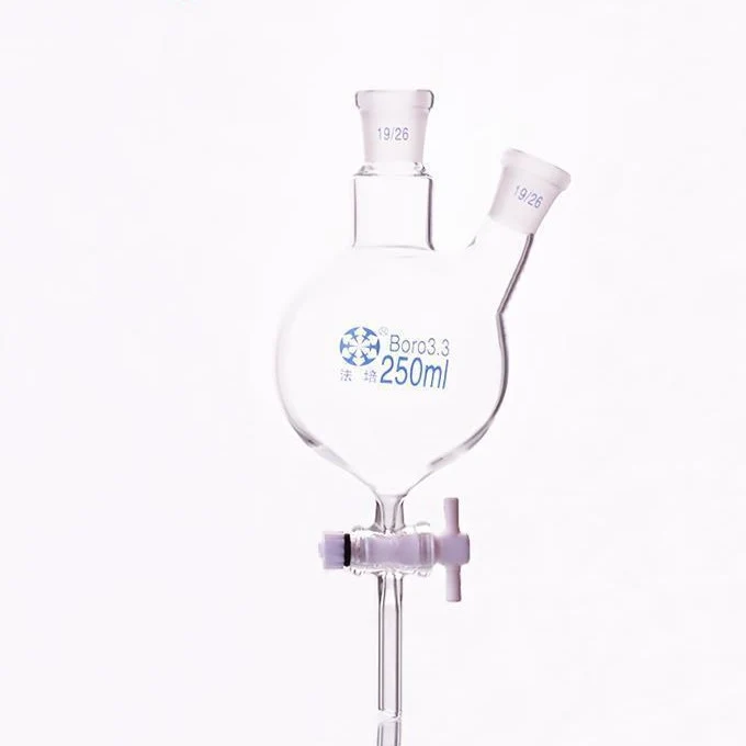 Pallone a doppio collo a fondo tondo con uscita dal fondo e rubinetto in PTFE, capacità da 250 a 5.000 ml