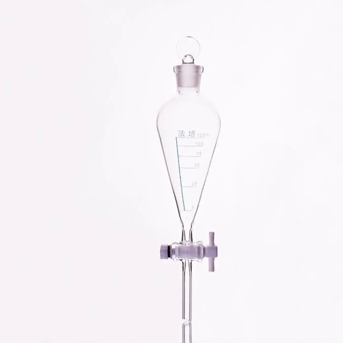 Imbuto separatore acc. a Squibb con rubinetto in PTFE e tappo in vetro, graduato, capacità da 125 ml a 1.000 ml.