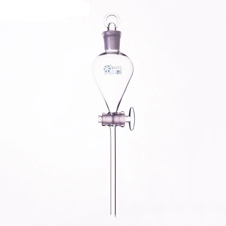 Imbuto separatore con rubinetto in vetro e tappo in vetro, capacità da 125 ml a 1.000 ml.