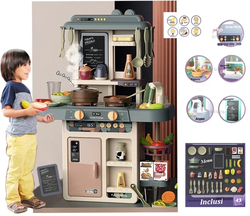 Cucina Giocattolo per bambini con vapore acqua Suoni Luci e Accessori Inclusi