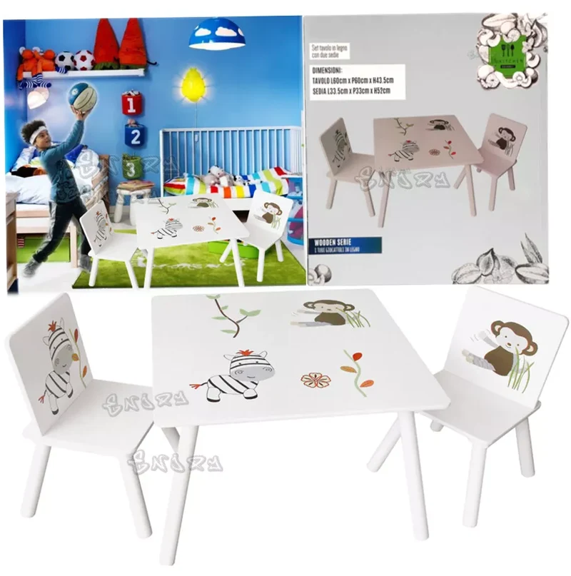 Set composto da Tavolo multifunzione in legno per bambini+ 2 Sedie