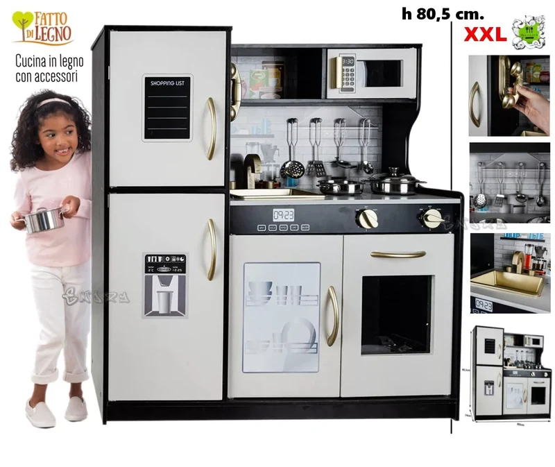Cucina per bambini in legno grande con frigo forno accessori