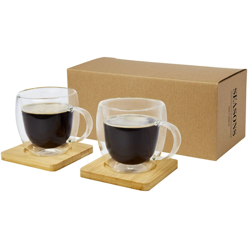 Set di 2 tazze in vetro a doppia parete da 250 ml con sottobicchiere in bambù Manti