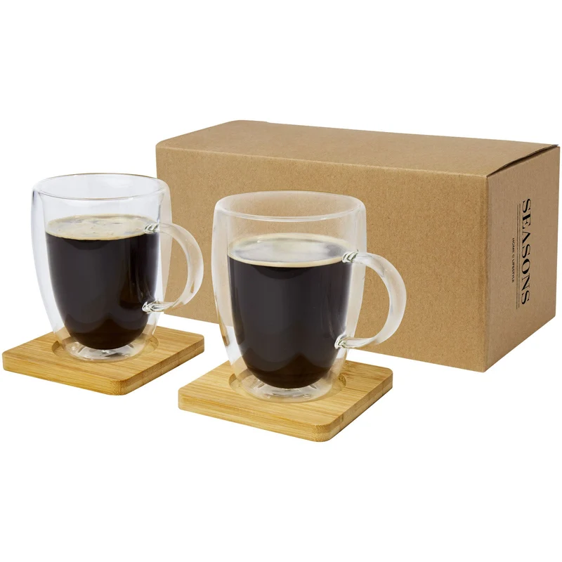 Set di 2 tazze in vetro a doppia parete da 350 ml con sottobicchiere in bambù Manti