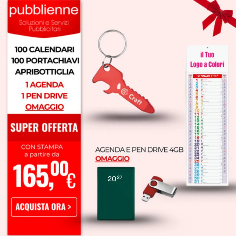 100 Calendari Slim + 100 Portachiavi Incisi + 1 Agenda + 1 Pen drive