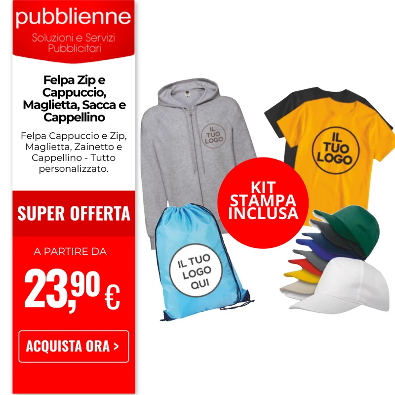 Felpa Zip e Cappuccio, Maglietta, Sacca e Cappellino
