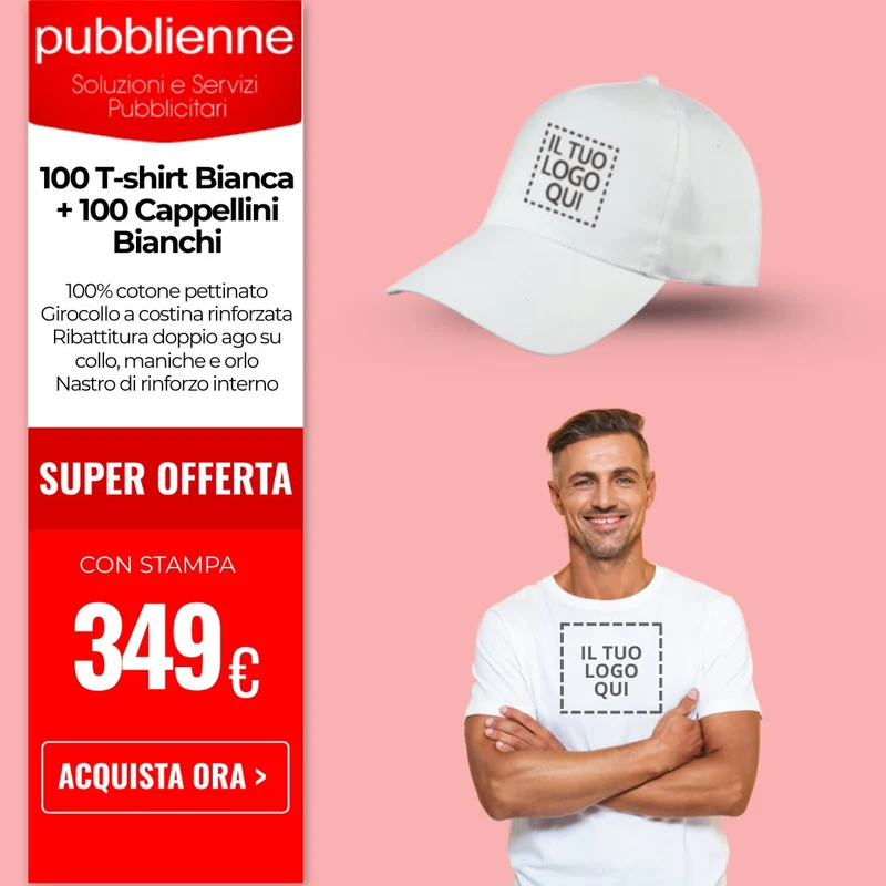 100 T-shirt Bianca + 100 Cappellini Bianchi