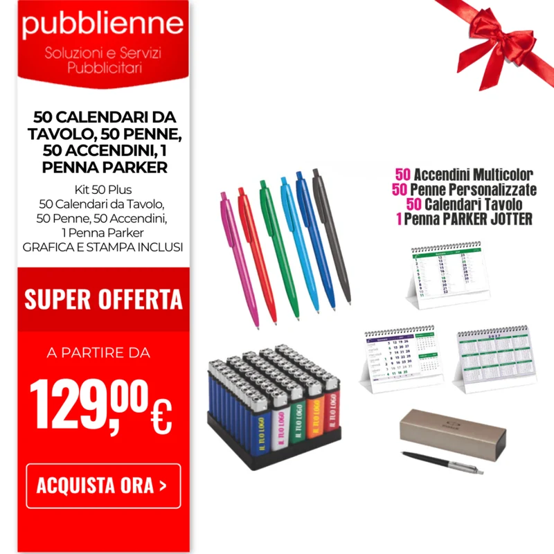 50 Calendari da Tavolo, 50 Penne, 50 Accendini, 1 Penna Parker
