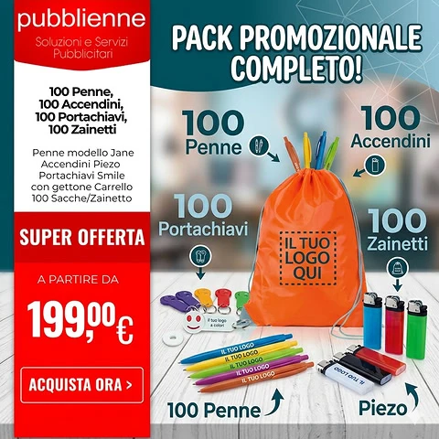 100 Penne, 100 Accendini, 100 Portachiavi, 100 Zainetti
