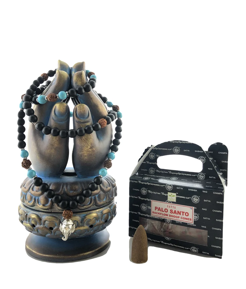 Set Mani di Buddha, Mala collana tibetano con volto Ganesh, Incenso a conetti Palo Santo