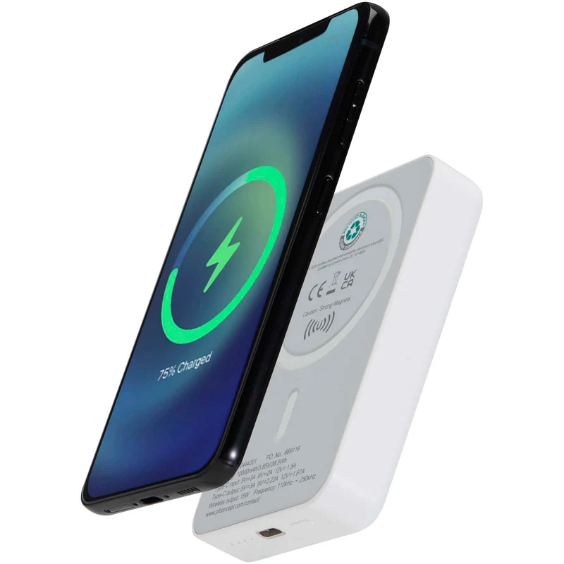 Power bank magnetico wireless da 10.000 mAh e 15 W con 20 W PD in plastica riciclata Acrab