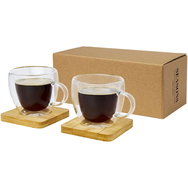 Set di 2 tazze in vetro a doppia parete da 100 ml con sottobicchiere in bambù Manti