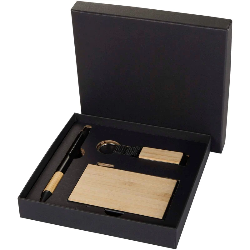 Set regalo con penna a sfera, portachiavi e portacarte RFID in alluminio riciclato certificato RCS Minka