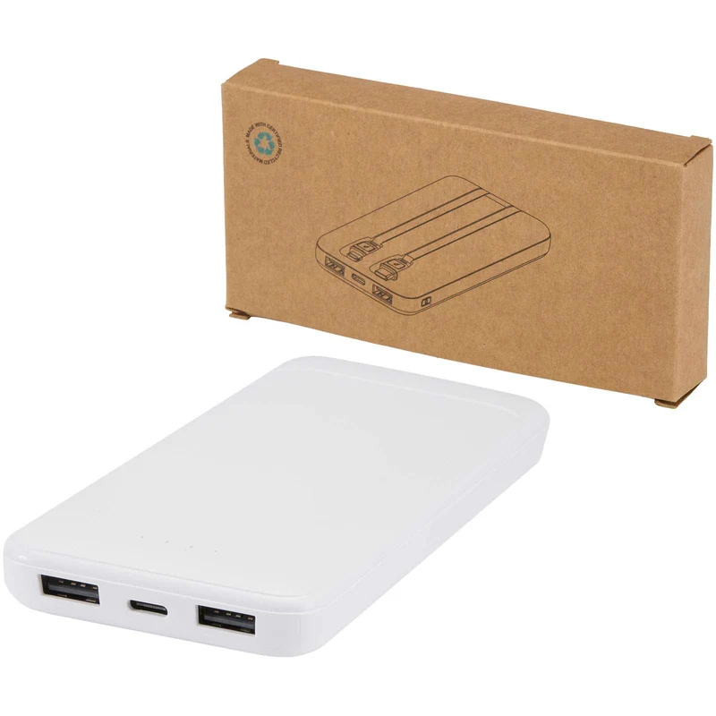 Power bank da 10.000 mAh e 10 W in plastica riciclata con 2 cavi integrati Adhil