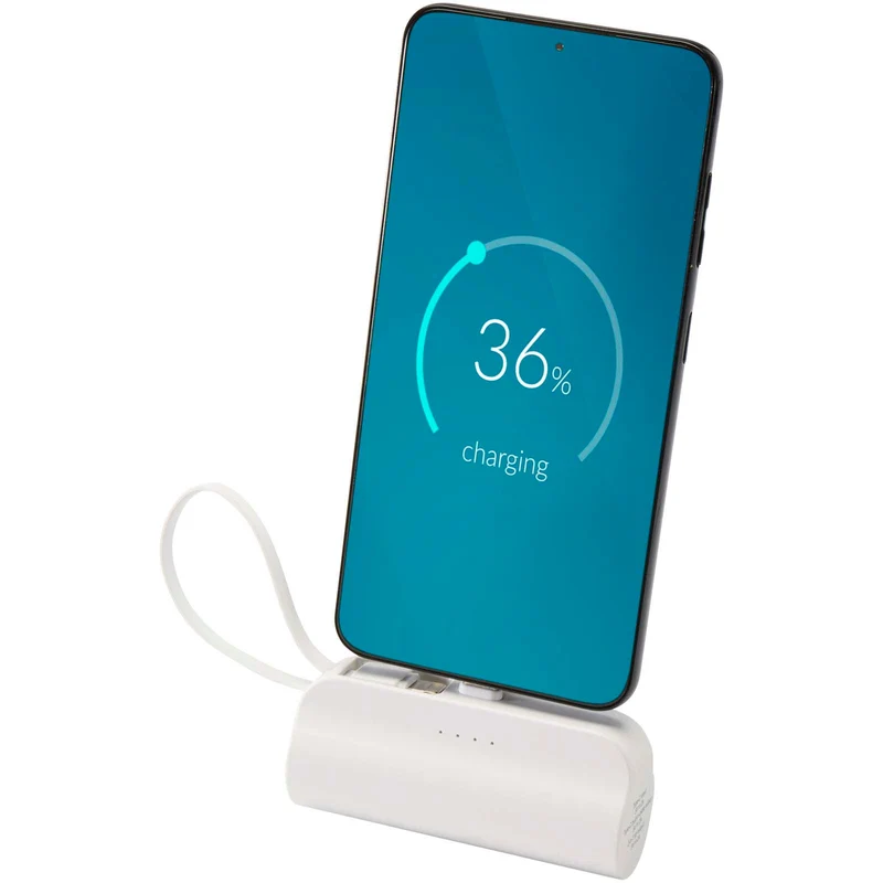 Power bank Tipo-C da 5.000 mAh e 10 W in plastica riciclata con supporto ribaltabile integrato e cavo 2 in 1 Alnair