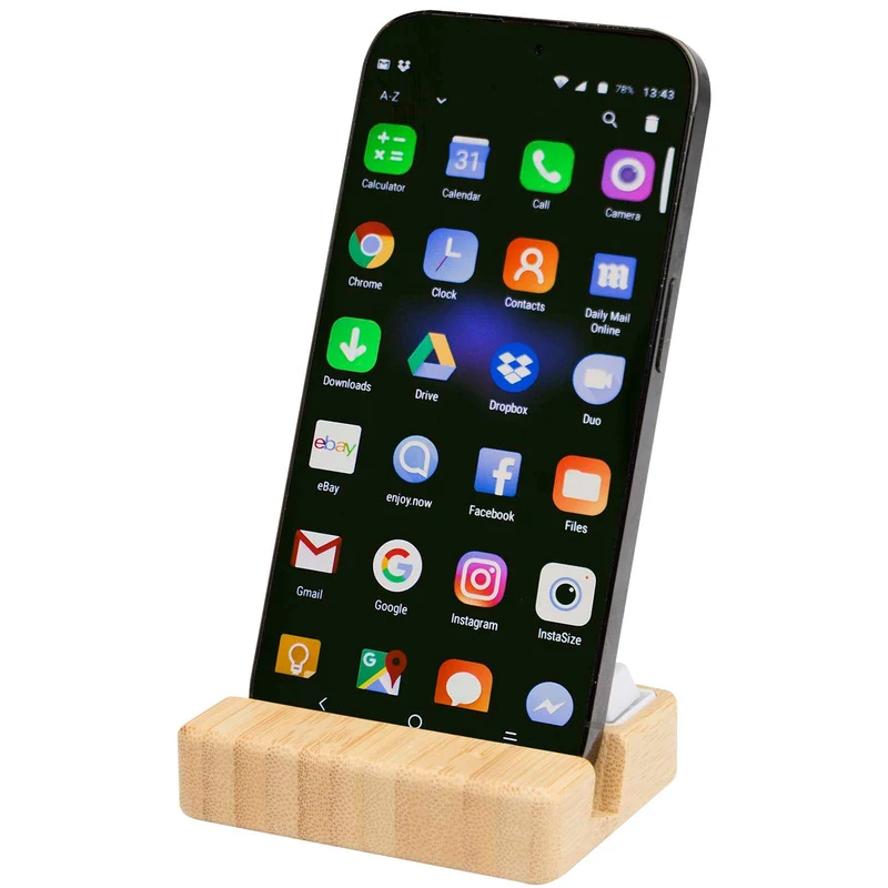 Supporto per telefono in plastica riciclata e giocattolo antistress con dettagli in bambù Algol