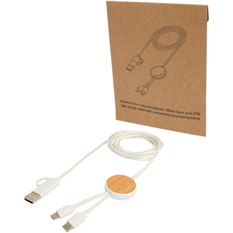 Cavo 5-in-1 in plastica riciclata da 150 cm per la sincronizzazione dei dati e la ricarica rapida da 27 W con dettagli in bam