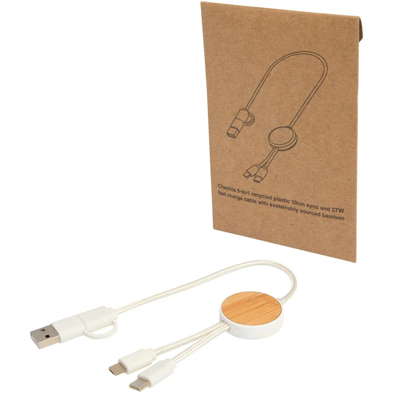 Cavo 5-in-1 in plastica riciclata da 30 cm per la sincronizzazione dei dati e la ricarica rapida da 27 W con dettagli in bamb
